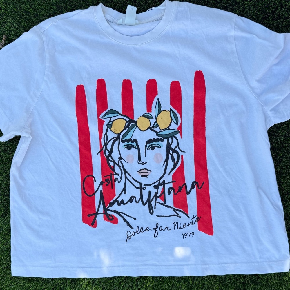 H&M Off White Graphic Tee with Red Stripes & Lemon Crown - XL